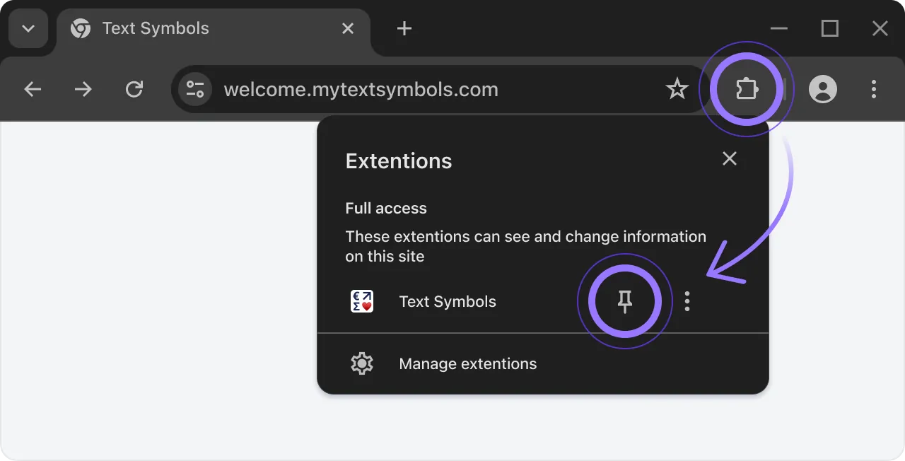 Pin extension for quick access - Browser extensions menu